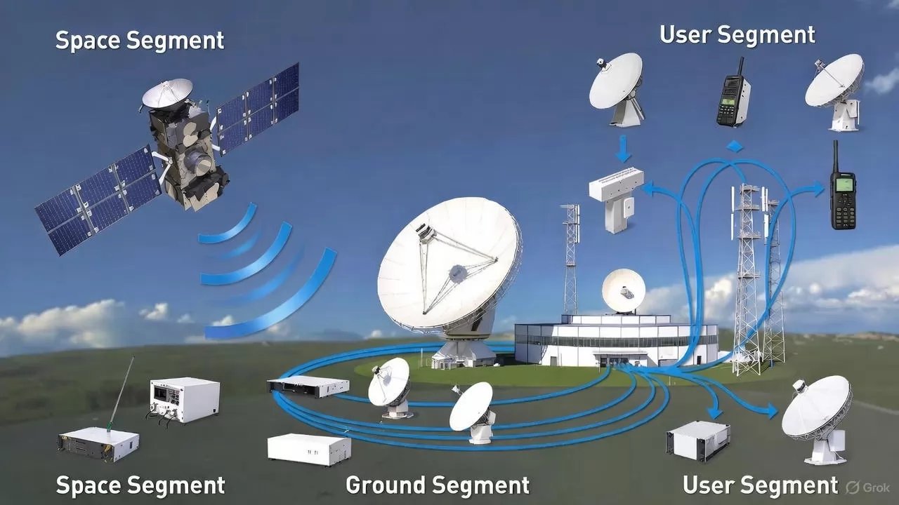 Labeled diagram of satellite ground station components: antenna, feed horn, tracking system